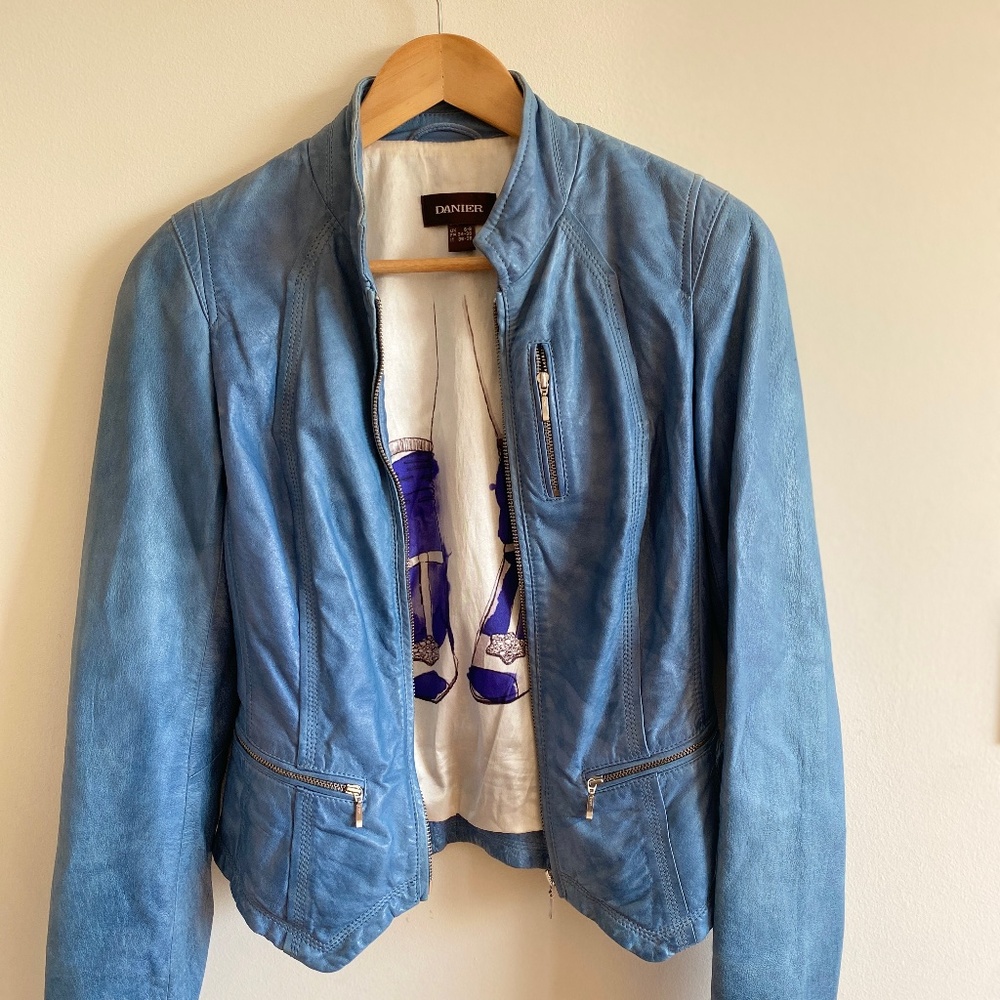 Danier LeatherJacket, Pastel Blue - Rare Lining - Size (XXS) I Pastelcore, Y2K